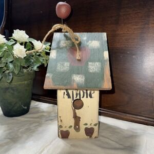 Decorative Wooden‎ Bird House Green Color Features Squares Colors, Apple On Top